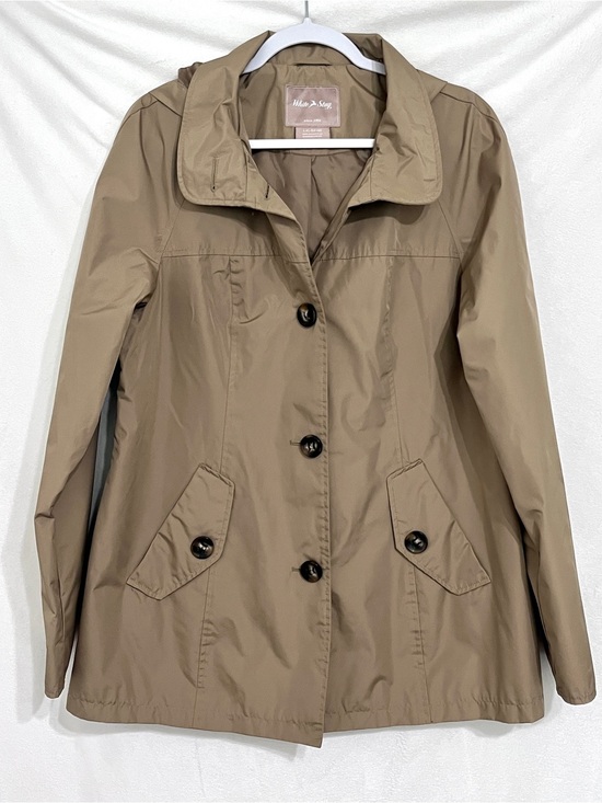 White Stag Jackets & Blazers - White Stag Khaki Brown Button Front Rain Jacket Hooded Trench Coat Large